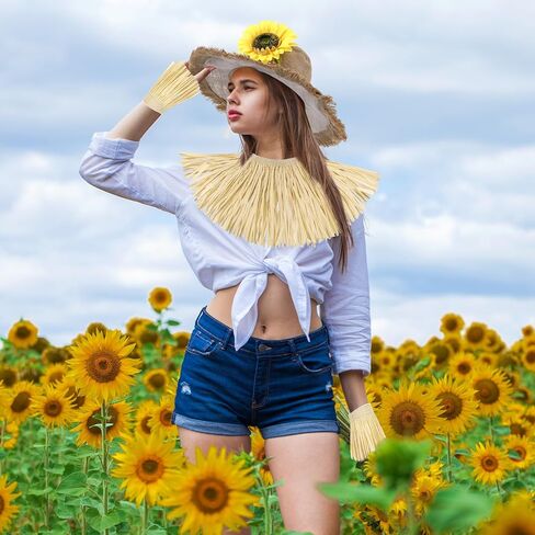 Jecery Adult Scarecrow Costume Accessories Women Scarecrow Hat with Raffia Straw Kit for Halloween Fall Party Khaki in Saudi Arabia