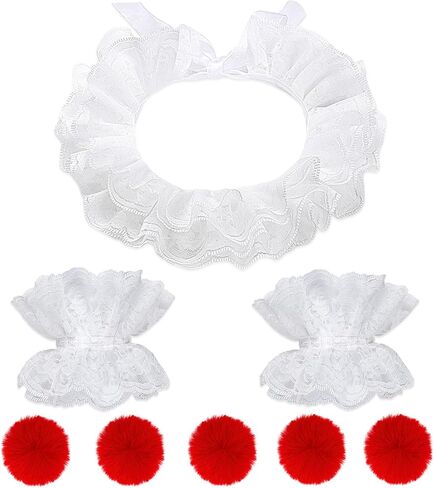 8PCS Clown Costume Accessories Lace Neck Ruffle Collar Wrist Cuff Red Pom Poms Women Halloween Clown Dress up Cosplay in Saudi Arabia