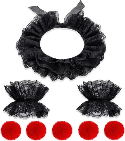 8PCS Clown Costume Accessories Lace Neck Ruffle Collar Wrist Cuff Red Pom Poms Women Halloween Clown Dress up Cosplay in Saudi Arabia
