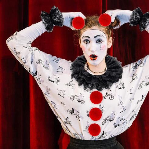 8PCS Clown Costume Accessories Lace Neck Ruffle Collar Wrist Cuff Red Pom Poms Women Halloween Clown Dress up Cosplay in Saudi Arabia
