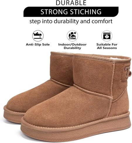 Mini Boots for Women, Platform Ankle Snow Boots, Genuine Leather Winter Boots with Warm Fur Lining, Anti-Slip Short Booties in Saudi Arabia