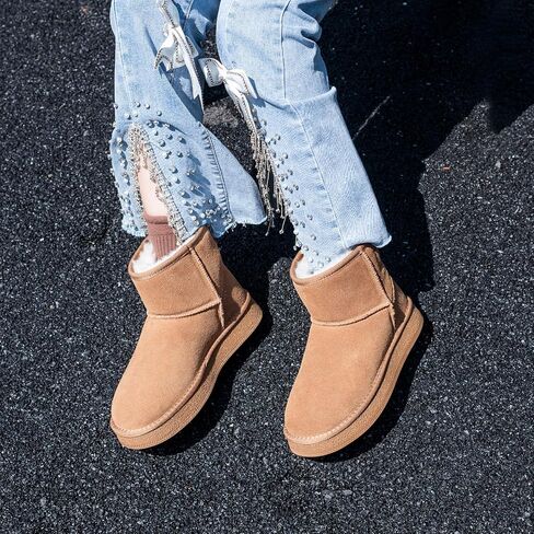 Mini Boots for Women, Platform Ankle Snow Boots, Genuine Leather Winter Boots with Warm Fur Lining, Anti-Slip Short Booties in Saudi Arabia