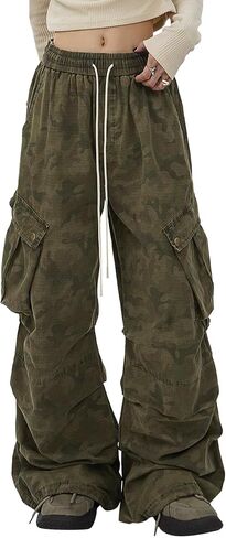 Women's Y2K Camo Wide Leg Cargo Pants Baggy Streetwear Long Trousers with Utility Flap Pockets in Saudi Arabia