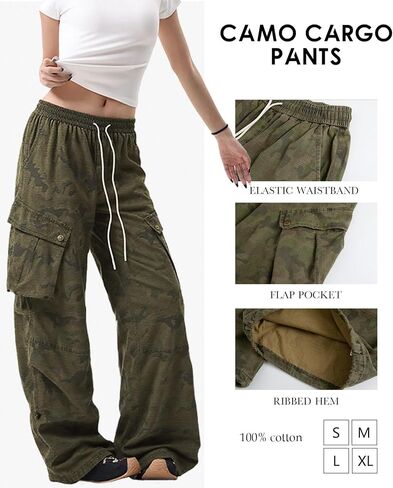 Women's Y2K Camo Wide Leg Cargo Pants Baggy Streetwear Long Trousers with Utility Flap Pockets in Saudi Arabia
