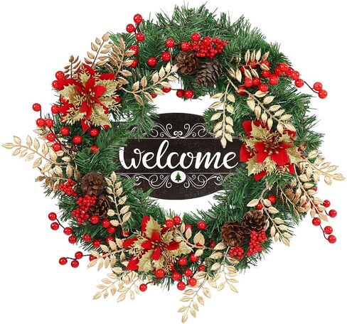 Fall Wreaths for Front Door Outside Decor, 22" Pumpkin Berry Maple Leaves Pine Cone Wreath Autumn Decorations with Bow and Hanging Sign for Thanksgiving Home Outdoor Indoor Porch Harvest in Saudi Arabia