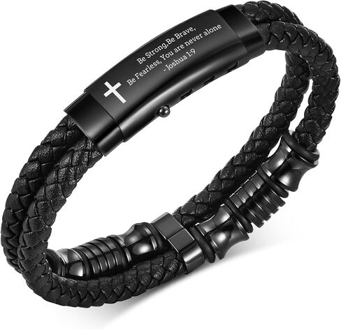 Men's Cross Bracelet Handsome Inspirational Quote Bible Verse Engraved Black Braided Leather Bracelets for Men Religious Jewelry Christmas Baptism Confirmation Christian Gifts for Son Husband Man in Saudi Arabia