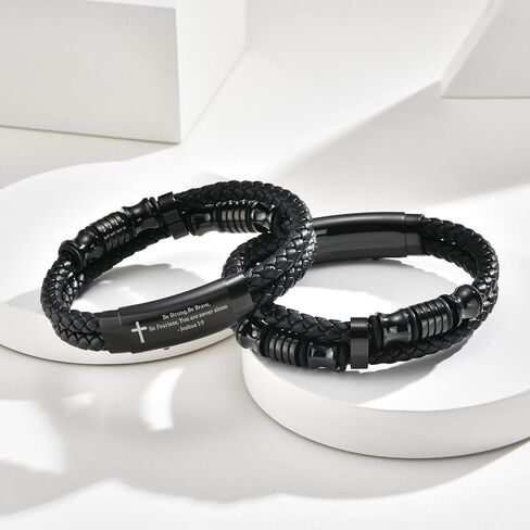 Men's Cross Bracelet Handsome Inspirational Quote Bible Verse Engraved Black Braided Leather Bracelets for Men Religious Jewelry Christmas Baptism Confirmation Christian Gifts for Son Husband Man in Saudi Arabia