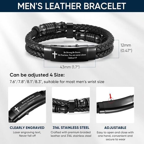 Men's Cross Bracelet Handsome Inspirational Quote Bible Verse Engraved Black Braided Leather Bracelets for Men Religious Jewelry Christmas Baptism Confirmation Christian Gifts for Son Husband Man in Saudi Arabia