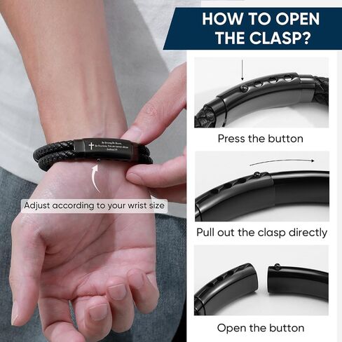 Men's Cross Bracelet Handsome Inspirational Quote Bible Verse Engraved Black Braided Leather Bracelets for Men Religious Jewelry Christmas Baptism Confirmation Christian Gifts for Son Husband Man in Saudi Arabia