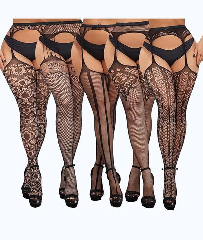 Women Fishnet Thigh High Garter Stockings Patterned Tights 5 Pairs in Saudi Arabia
