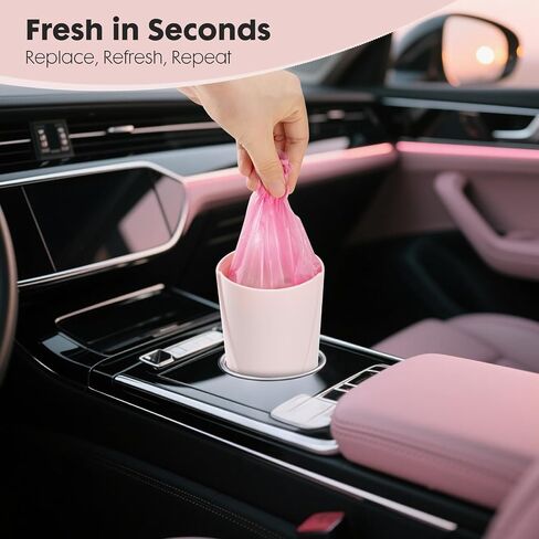 2-Pack Pink Car Trash Can for Cup Holder with Lid -60 Trash Bags - Mini Trash Can for Car Door or Console – Leakproof & Odor-Sealing - Cute Accessory -Trash Bin for Garbage + Bonus Clip Air Fresheners in Saudi Arabia