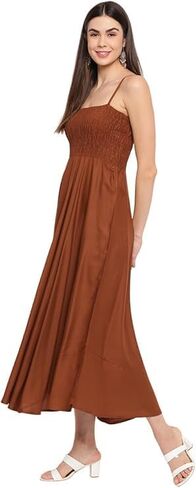 Women's Viscose Rayon Solid Shoulder Straps Sleeveless Flared Gown Drees (Brown-XL) in Saudi Arabia