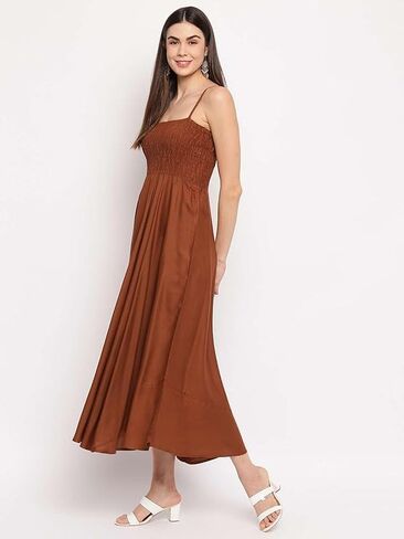 Women's Viscose Rayon Solid Shoulder Straps Sleeveless Flared Gown Drees (Brown-XL) in Saudi Arabia