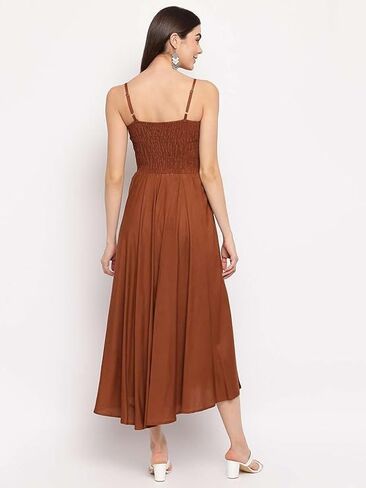 Women's Viscose Rayon Solid Shoulder Straps Sleeveless Flared Gown Drees (Brown-XL) in Saudi Arabia