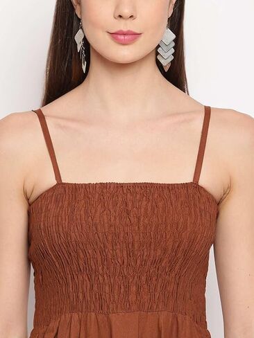 Women's Viscose Rayon Solid Shoulder Straps Sleeveless Flared Gown Drees (Brown-XL) in Saudi Arabia