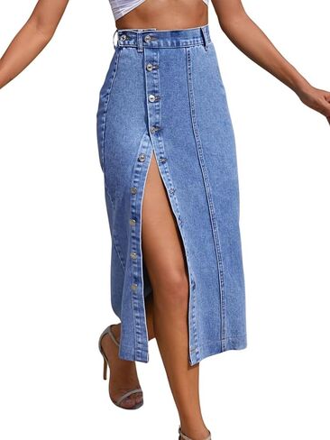 utcoco Women High Waisted Midi Jean Skirts Irregular Slit Hem Button Down Slim Fit Pencil Denim Skirt in Saudi Arabia