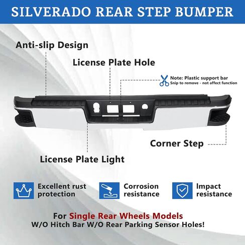 Rear Step Bumper Compatible with 2015-2019 Chevy Silverado GMC Sierra 2500HD 3500HD Rear Bumper for Single Rear Wheel GM1103182,Without Parking Sensor Holes and Hitch Bar (Chrome) in Saudi Arabia