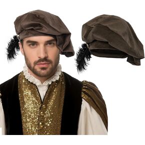 Renaissance Tudor Velvet Hat with Feather Medieval Muffin Elizabethan Cap in Kuwait