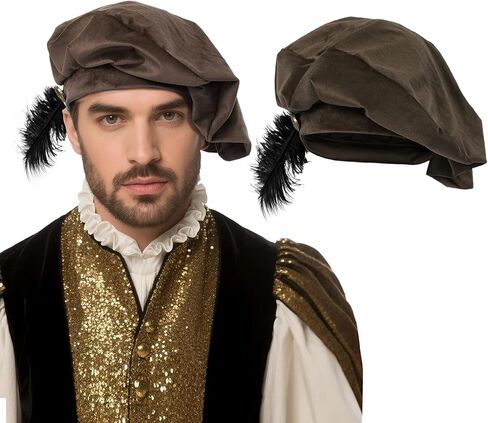 Renaissance Tudor Velvet Hat with Feather Medieval Muffin Elizabethan Cap in Kuwait