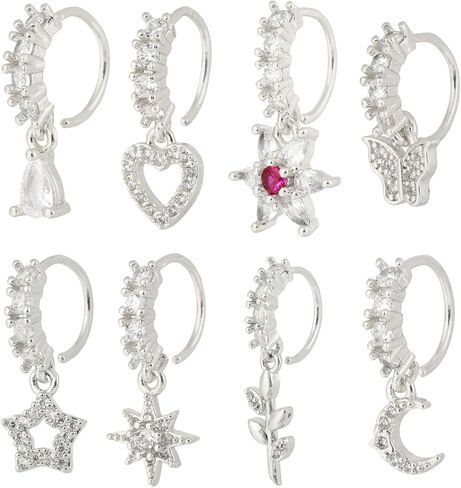 8pcs Dangle Nose Rings for Women, Copper Silver Moon Heart Flower Butterfly Cute Dangling Nose Piercing Jewelry Dangly Fashionable Hoop Accessories for Party Birthday Prom in Saudi Arabia