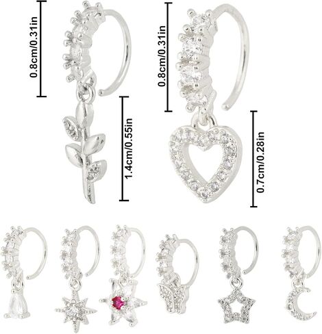 8pcs Dangle Nose Rings for Women, Copper Silver Moon Heart Flower Butterfly Cute Dangling Nose Piercing Jewelry Dangly Fashionable Hoop Accessories for Party Birthday Prom in Saudi Arabia