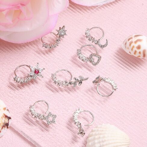 8pcs Dangle Nose Rings for Women, Copper Silver Moon Heart Flower Butterfly Cute Dangling Nose Piercing Jewelry Dangly Fashionable Hoop Accessories for Party Birthday Prom in Saudi Arabia