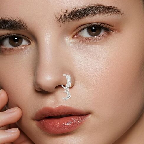 8pcs Dangle Nose Rings for Women, Copper Silver Moon Heart Flower Butterfly Cute Dangling Nose Piercing Jewelry Dangly Fashionable Hoop Accessories for Party Birthday Prom in Saudi Arabia