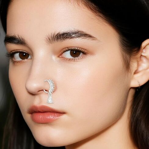 8pcs Dangle Nose Rings for Women, Copper Silver Moon Heart Flower Butterfly Cute Dangling Nose Piercing Jewelry Dangly Fashionable Hoop Accessories for Party Birthday Prom in Saudi Arabia