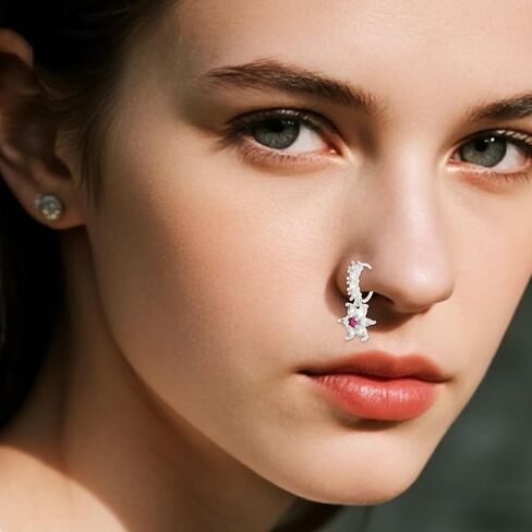 8pcs Dangle Nose Rings for Women, Copper Silver Moon Heart Flower Butterfly Cute Dangling Nose Piercing Jewelry Dangly Fashionable Hoop Accessories for Party Birthday Prom in Saudi Arabia