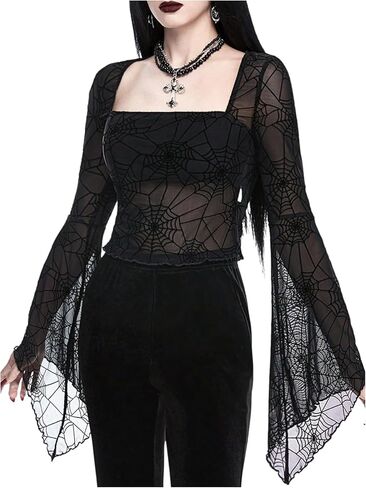 بلوزة نسائية من Floerns Goth شبكية شفافة بحافة خس ورقبة مربعة وأكمام جرس in Saudi Arabia