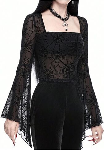 بلوزة نسائية من Floerns Goth شبكية شفافة بحافة خس ورقبة مربعة وأكمام جرس in Saudi Arabia