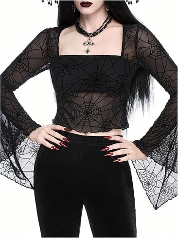بلوزة نسائية من Floerns Goth شبكية شفافة بحافة خس ورقبة مربعة وأكمام جرس in Saudi Arabia