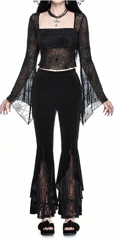 بلوزة نسائية من Floerns Goth شبكية شفافة بحافة خس ورقبة مربعة وأكمام جرس in Saudi Arabia