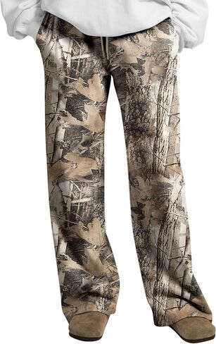 المرأة واسعة الساق كامو Sweatpants الرباط عالية الخصر التمويه عرق السراويل الفضفاضة الصوف بنطلونات مموهة كالزي العسكري مع جيوب in Kuwait