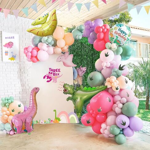 Pink Dinosaur balloon garland kit 150pcs Pastel Pink green Purple balloon and Foil Dinosaur balloon & footprint sticker for Girl Dino theme birthday Baby Shower decorations in Saudi Arabia