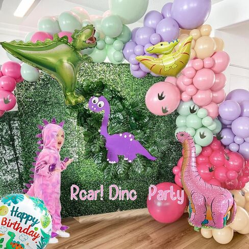 Pink Dinosaur balloon garland kit 150pcs Pastel Pink green Purple balloon and Foil Dinosaur balloon & footprint sticker for Girl Dino theme birthday Baby Shower decorations in Saudi Arabia
