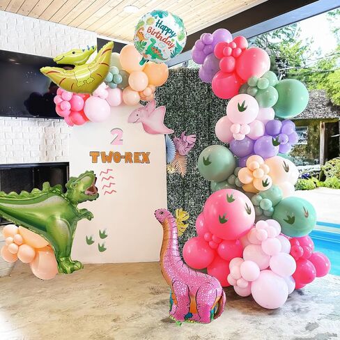 Pink Dinosaur balloon garland kit 150pcs Pastel Pink green Purple balloon and Foil Dinosaur balloon & footprint sticker for Girl Dino theme birthday Baby Shower decorations in Saudi Arabia