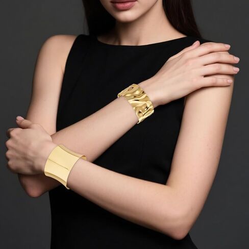 3PCS Gold Chunky Cuff Bracelets for Women Irregular Minimalist Gold Statement Open Wide Bangle Bracelets Set Arm Cuff Upper Arm Punk Jewelry in Kuwait