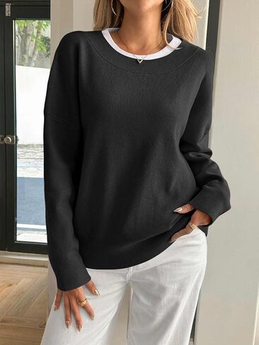 Yousify Womens Crewneck Knit Sweaters Casual Long Sleeve Loose Fit Fall Basic Soft Pullover Jumper Tops in Saudi Arabia