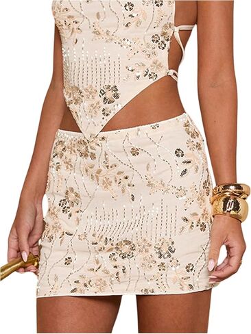 MakeMeChic Women's Summer Y2K Boho Sequin Skirt Floral Low Rise Bodycon Mini Skirts in Saudi Arabia