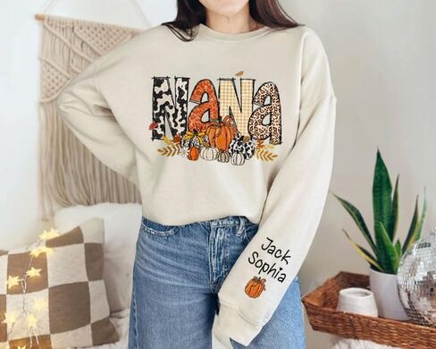 NAZENTI Personalized Mama Sweatshirt, Leopard Autumn Fall Mama Pumpkin Sweatshirt, Fall Sweatshirts for Women, Gift for Mom in Saudi Arabia