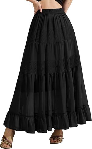 Women's Tiered Ruffle Boho Long Skirt Fall Chiffon Pleated Flowy Flared Maxi Skirt in Kuwait