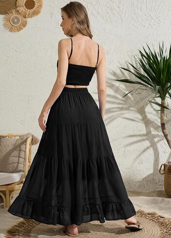 Women's Tiered Ruffle Boho Long Skirt Fall Chiffon Pleated Flowy Flared Maxi Skirt in Kuwait