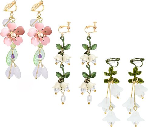 NEWITIN 6 Pairs Flower Clip On Earrings for Women Hypoallergenic Earrings Pearl Leaf Flower Tassel Earrings Statement Long Dangle Earrings Non Piercing Flower Earrings for Women in Kuwait