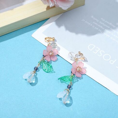 NEWITIN 6 Pairs Flower Clip On Earrings for Women Hypoallergenic Earrings Pearl Leaf Flower Tassel Earrings Statement Long Dangle Earrings Non Piercing Flower Earrings for Women in Kuwait
