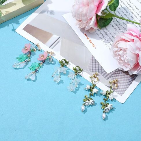 NEWITIN 6 Pairs Flower Clip On Earrings for Women Hypoallergenic Earrings Pearl Leaf Flower Tassel Earrings Statement Long Dangle Earrings Non Piercing Flower Earrings for Women in Kuwait