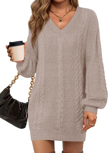Saodimallsu Womens V Neck Mini Sweater Dress Cable Knit Long Lantern Sleeve Casual Loose Fall Tunic Pullover Sweaters in Saudi Arabia