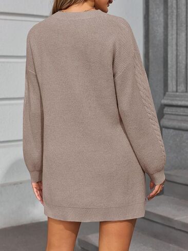 Saodimallsu Womens V Neck Mini Sweater Dress Cable Knit Long Lantern Sleeve Casual Loose Fall Tunic Pullover Sweaters in Saudi Arabia