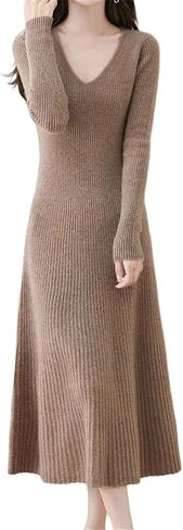 Women's V-Neck Cashmere Sweater Dress Winter Fit-Flare A-Line Knitted Dresses Office in Saudi Arabia