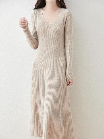 Women's V-Neck Cashmere Sweater Dress Winter Fit-Flare A-Line Knitted Dresses Office in Saudi Arabia